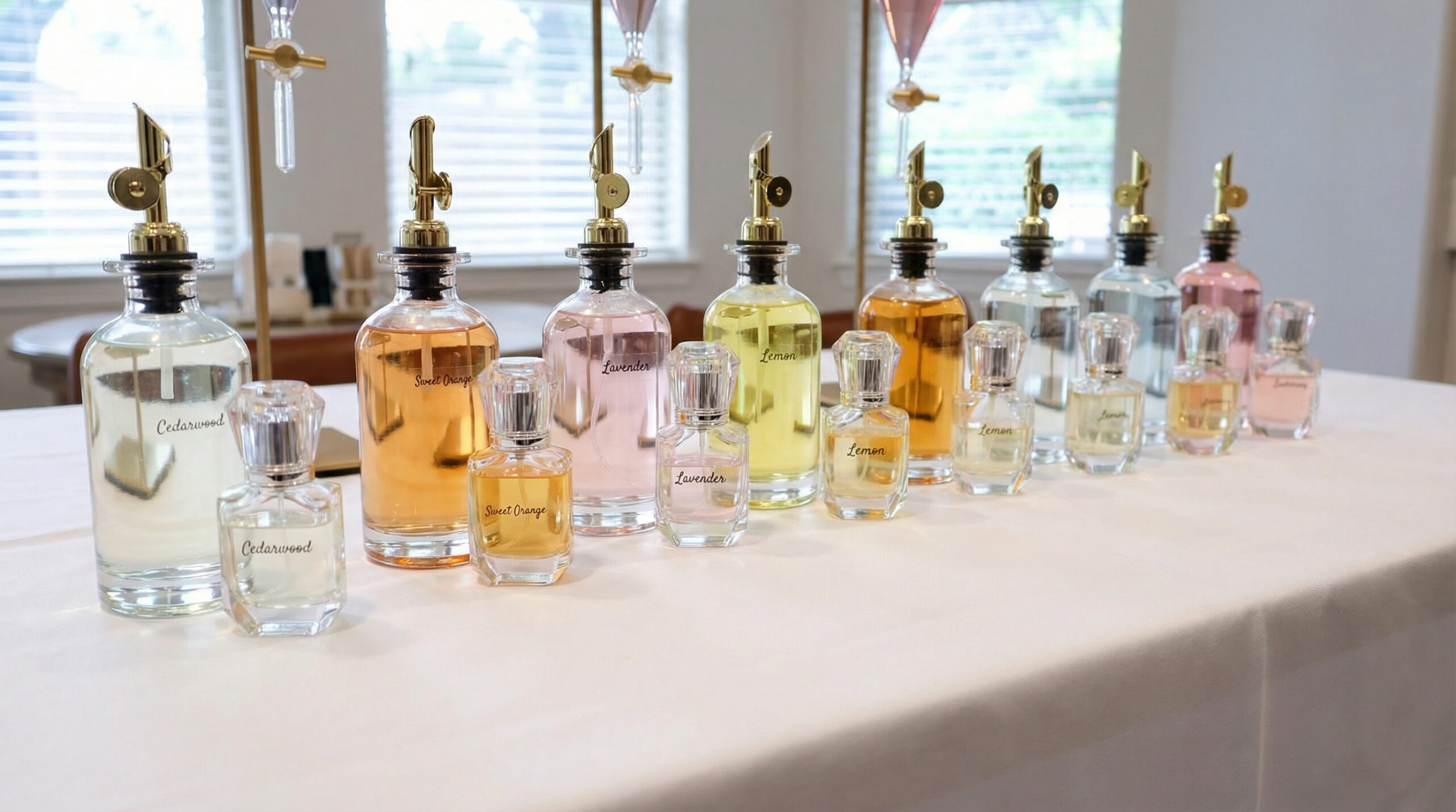 Glitters and Grace Perfume Bar setup with elegant fragrance bottles and blending station