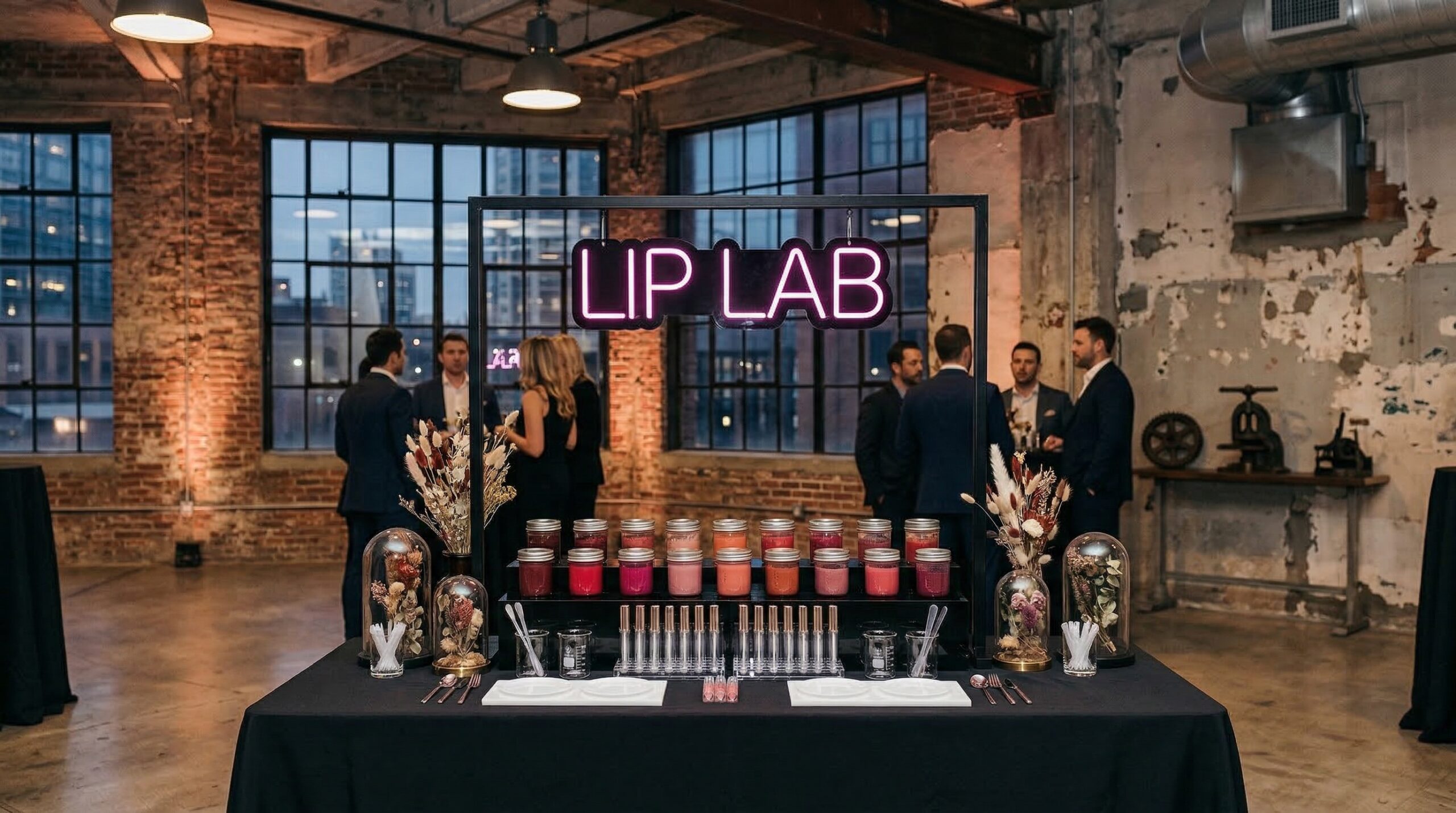 Industrial loft Lip Lab setup with gold-capped lip gloss tubes