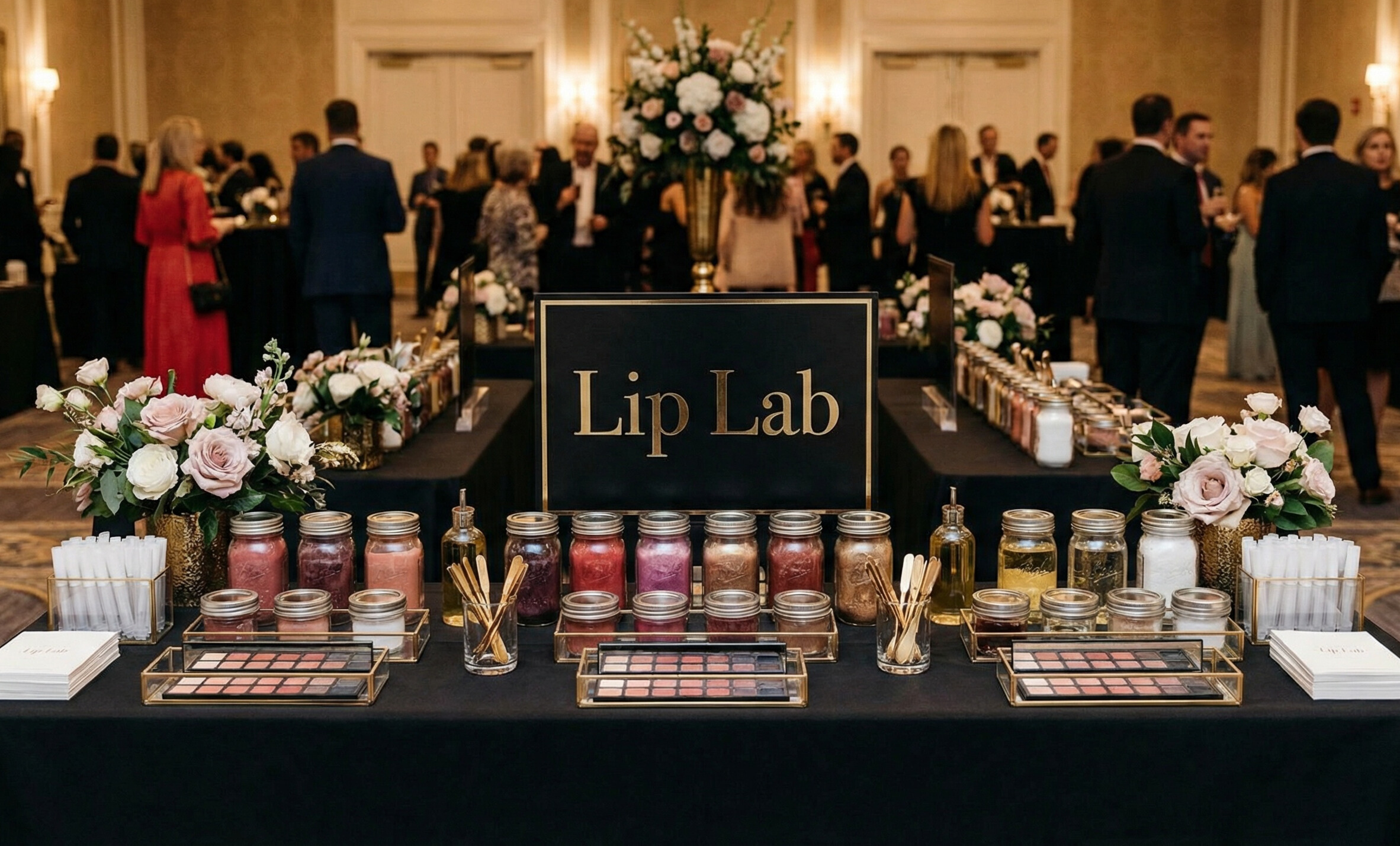 Bright white and gold Lip Lab display with custom lip color jars
