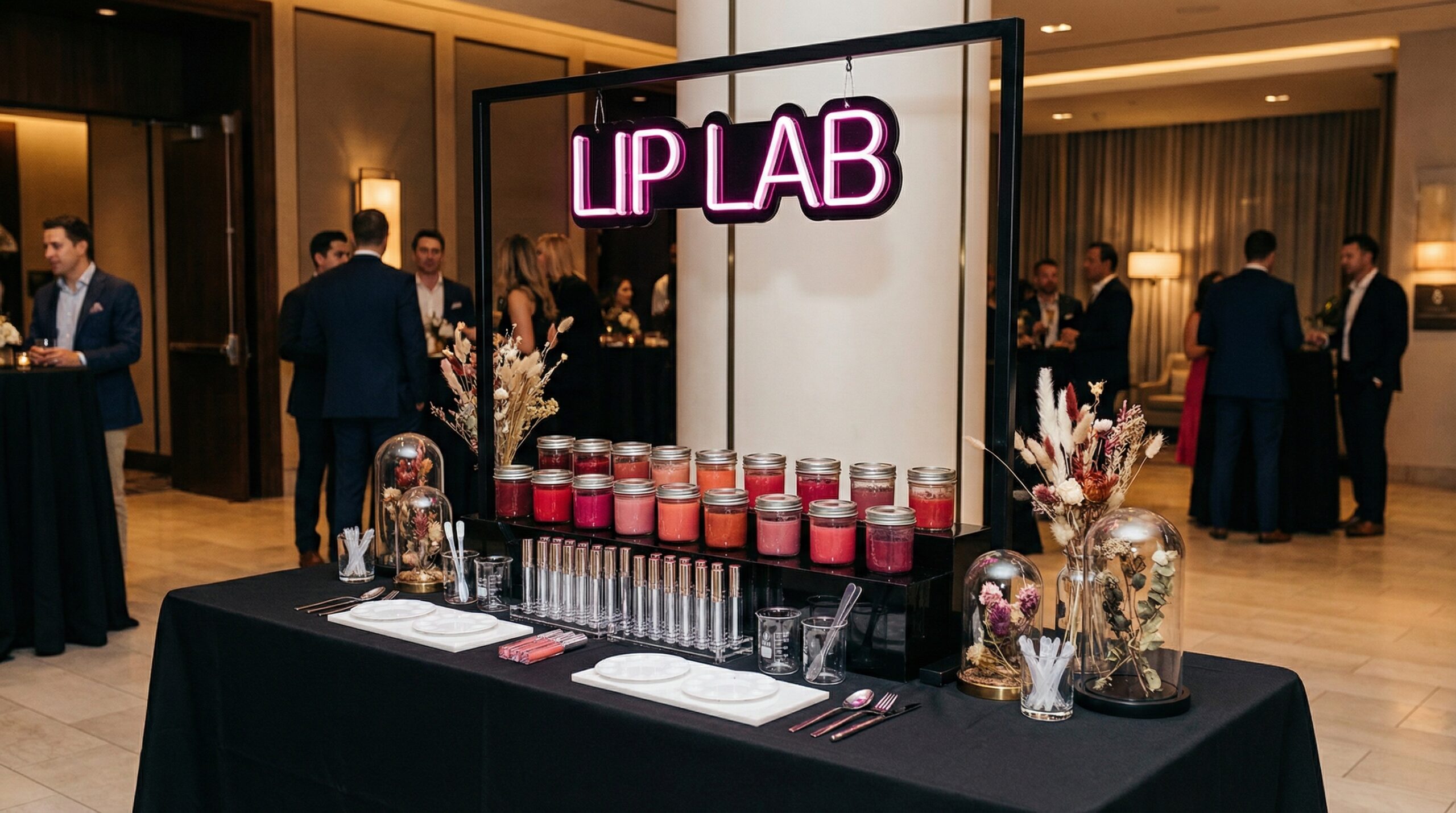 Elegant Lip Lab table with florals and custom lip gloss bar at a Chicago event