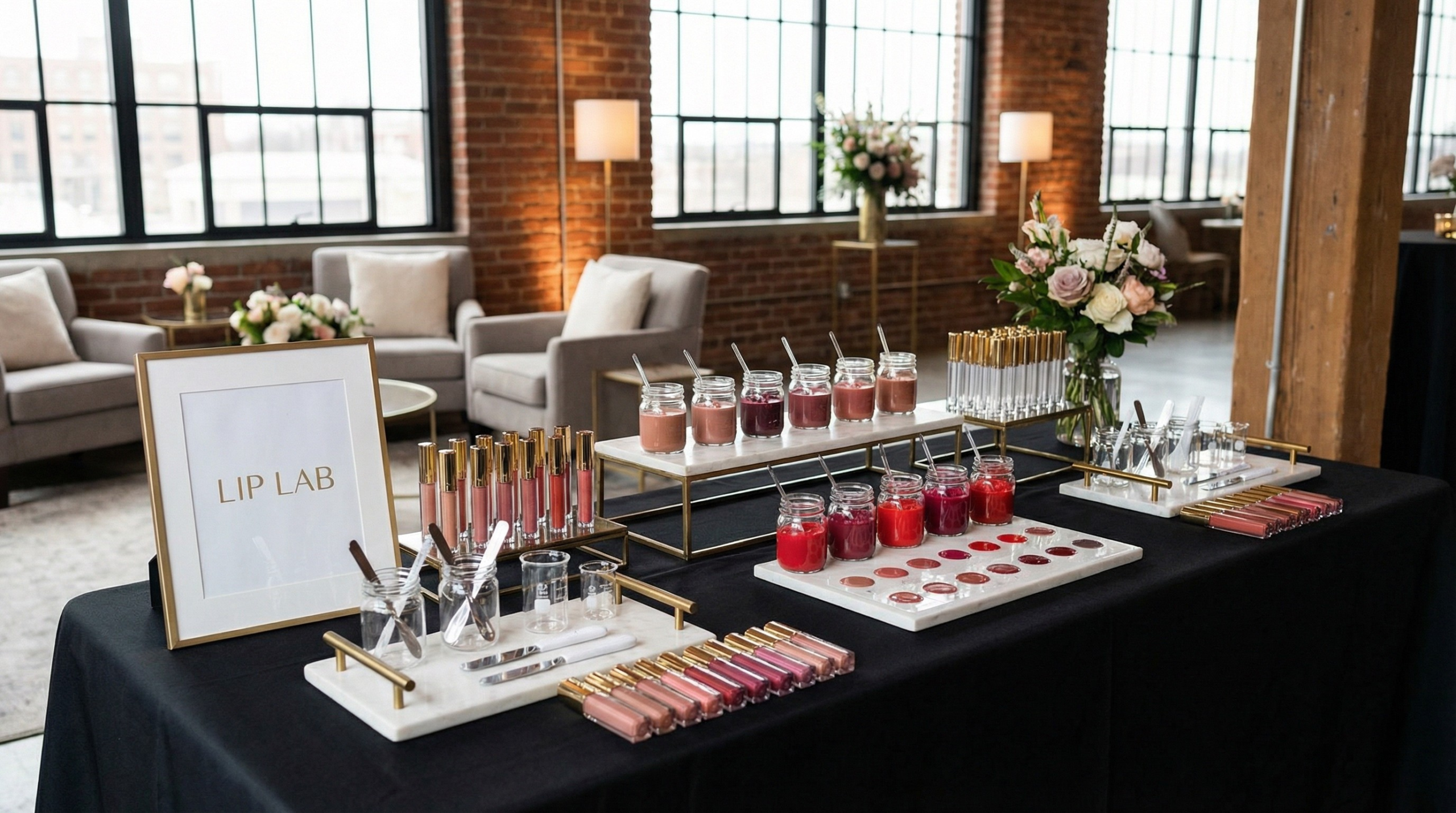 Elegant Lip Lab table with florals and custom lip gloss bar