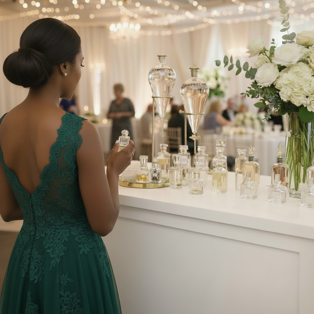 Guest in a green gown smelling a bottle at a white wedding perfume bar