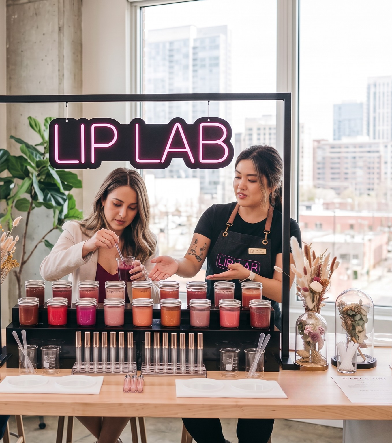 Two women mixing lip color under a pink LIP LAB neon sign