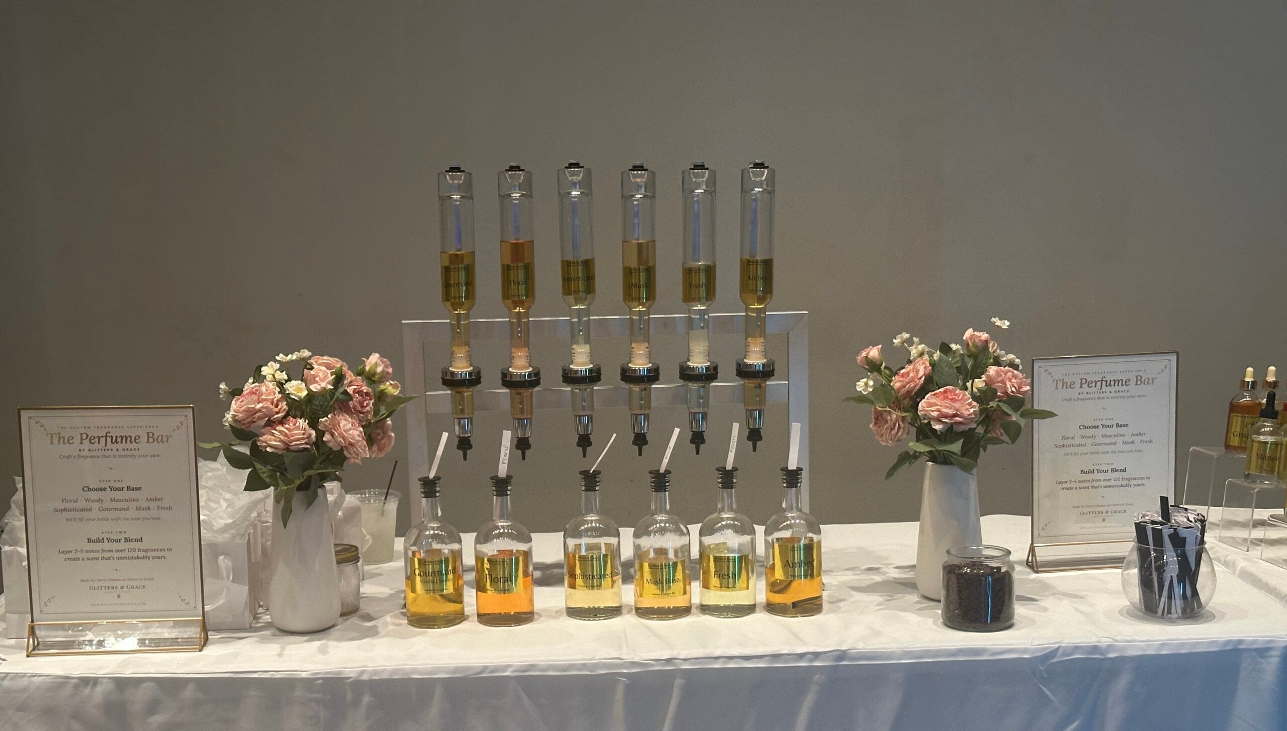 Bespoke wedding scent in crystal bottles for summer and fall weddings
