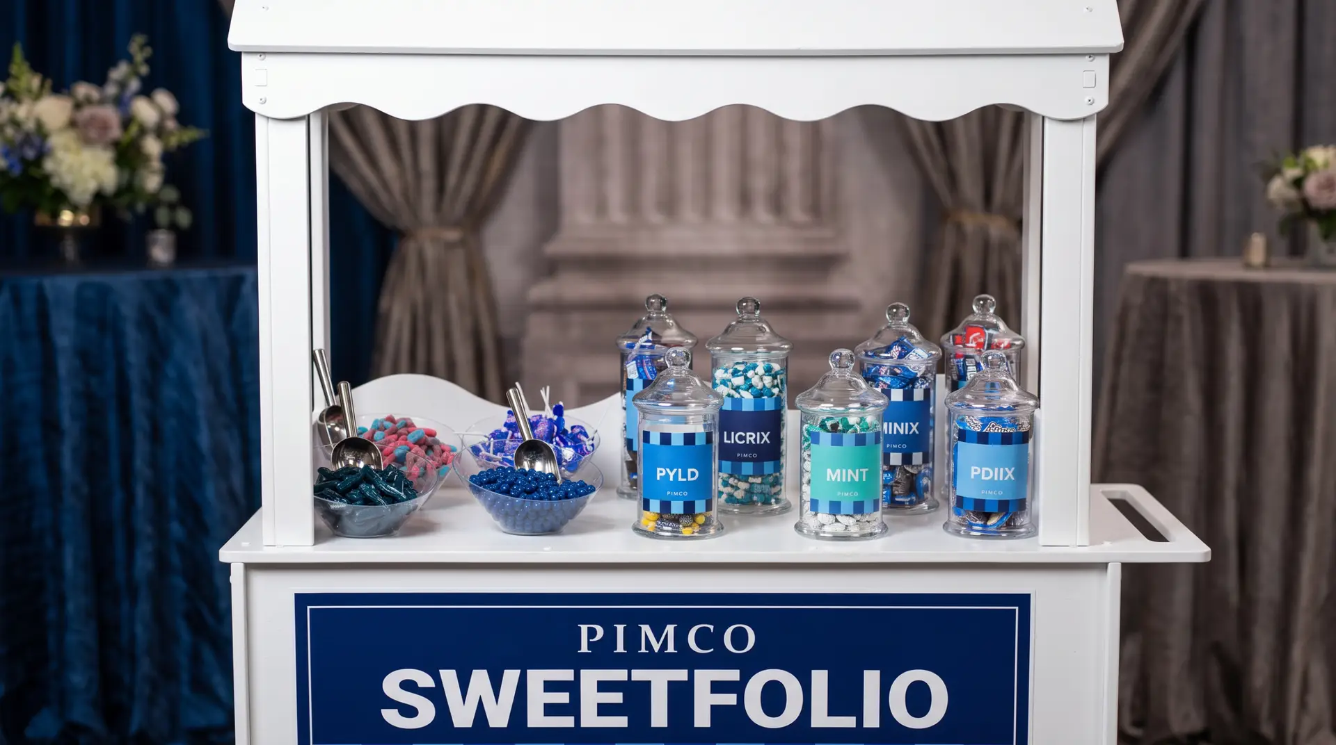 Corporate holiday party ideas: a luxury candy bar styled in brand colors for large guest counts