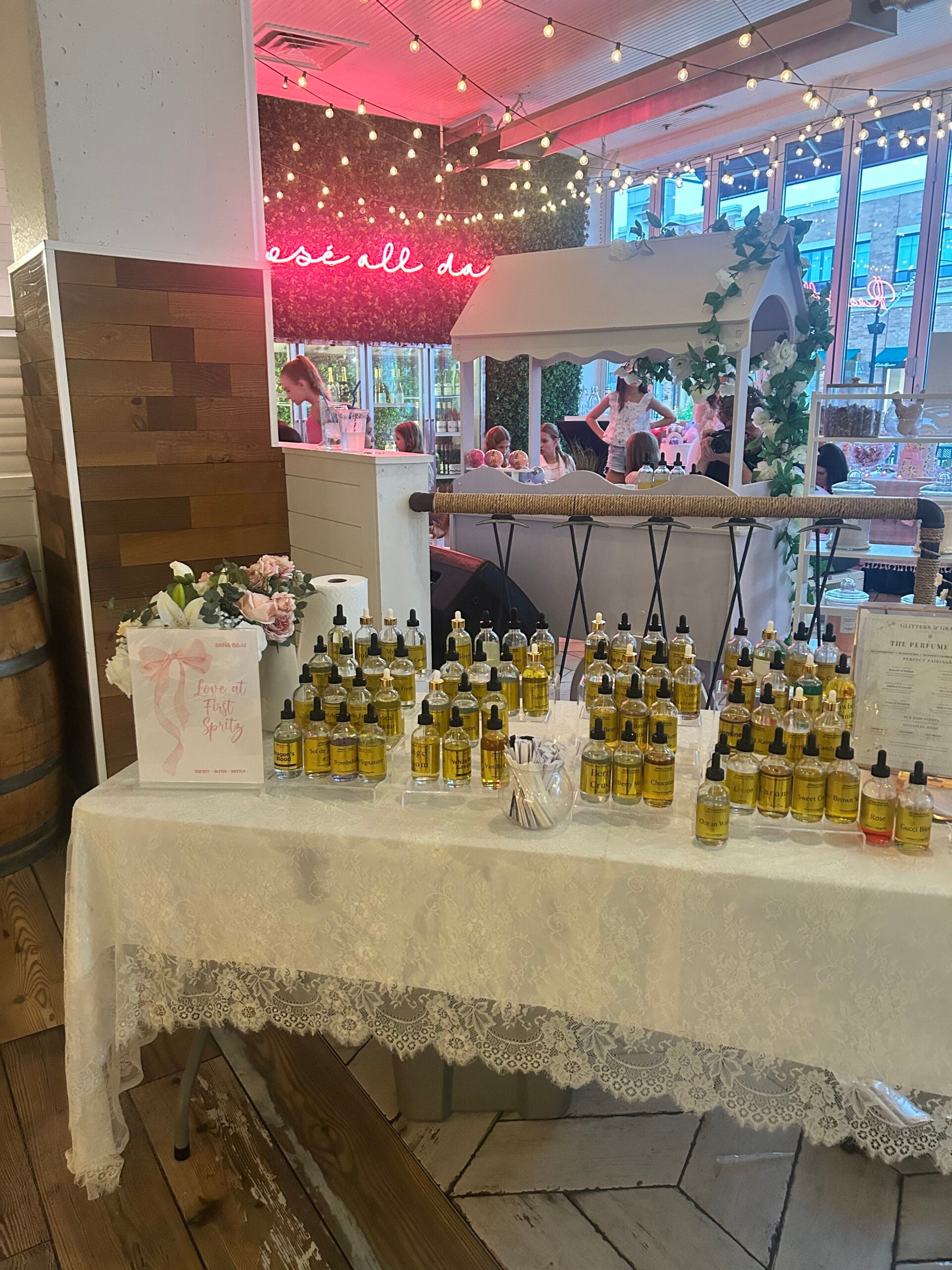 Mini perfume bar station set up for a kids birthday party