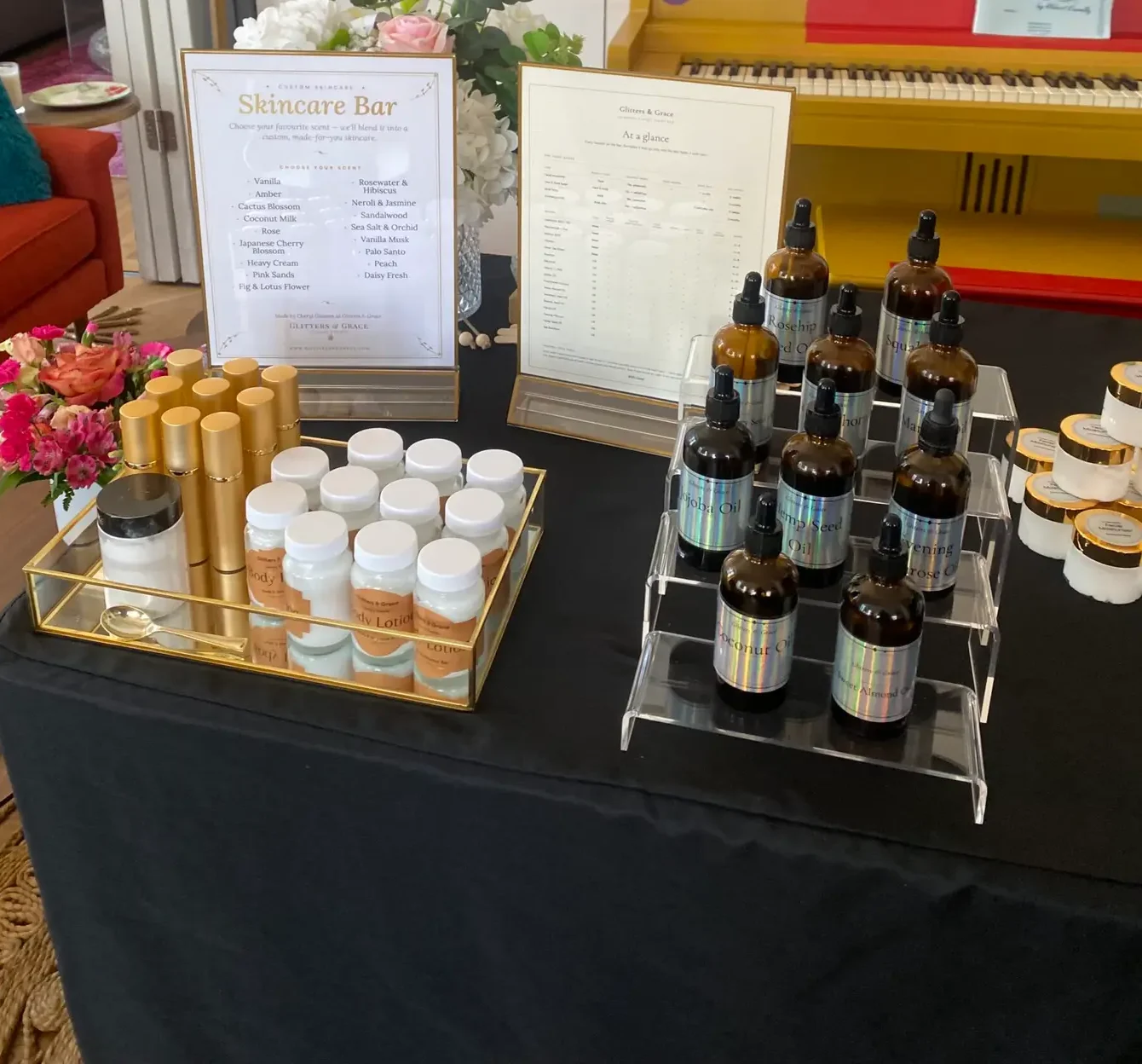 A skincare bar station with custom scrubs and masks