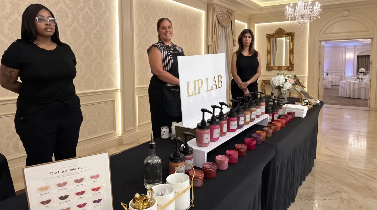 A custom Lip Lab station with cosmetic pigments