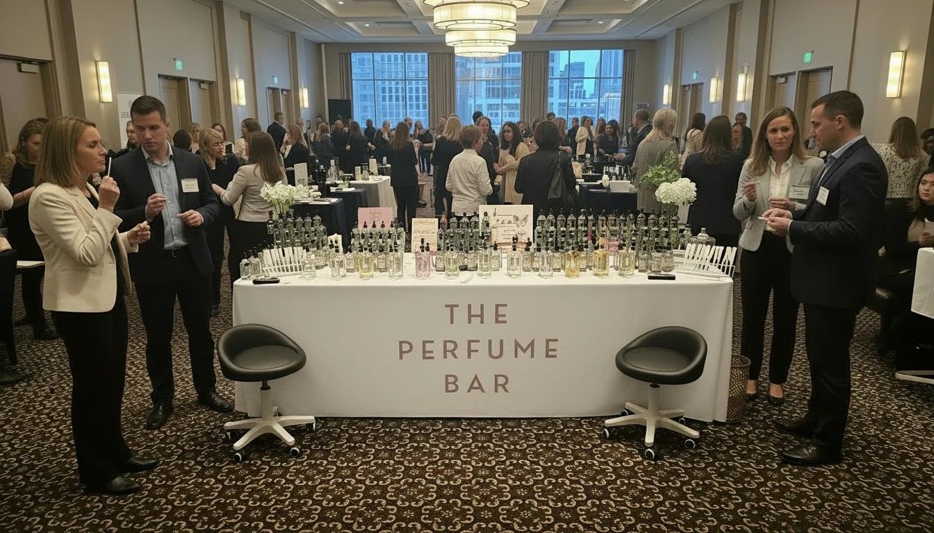 Accords and fragrance notes arranged on a corporate perfume blending bar