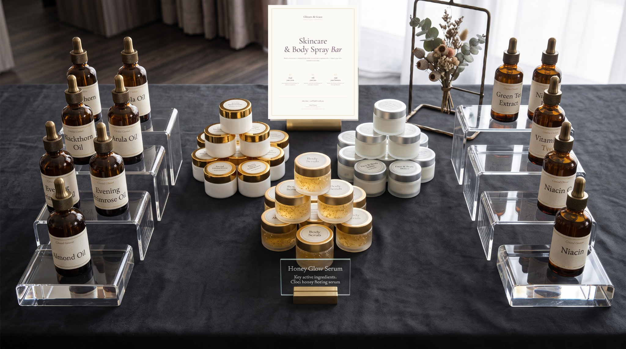A skincare bar station with custom scrubs and masks