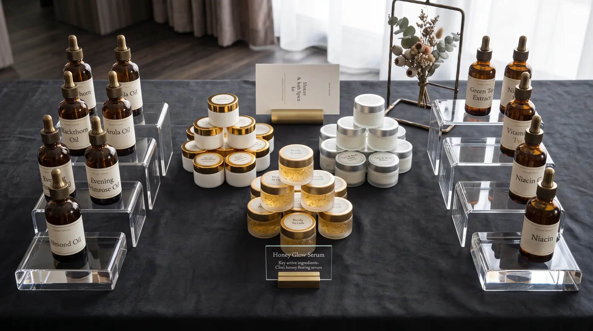 Skincare bar with amber bottles and gold-lid jars